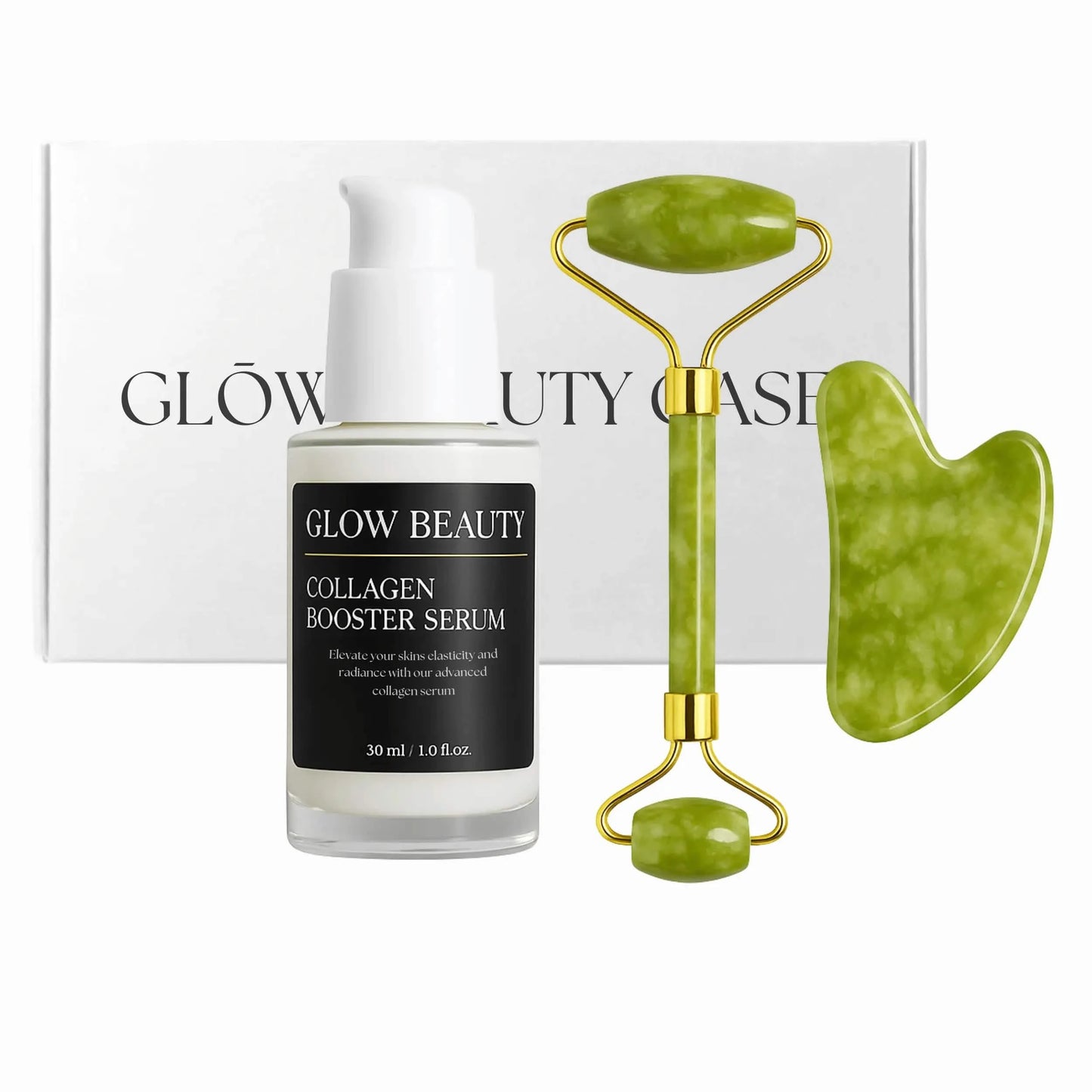 Collagen glow booster serum with jade roller and gua sha stone