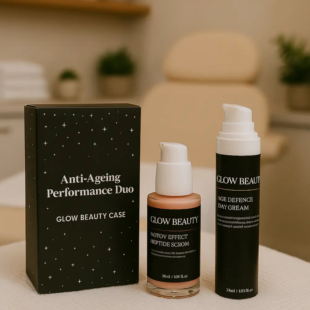 Glow Beauty skincare products including a box, serum, and day cream on a neutral background.