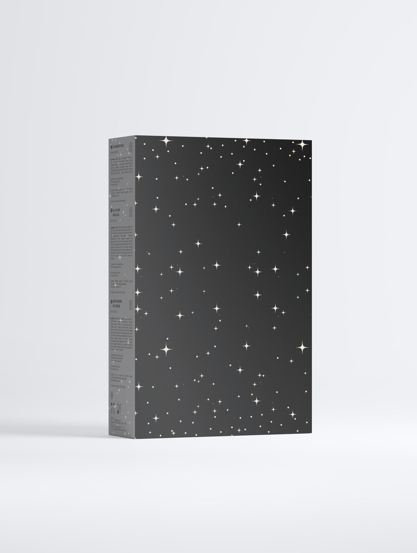 Black box with star patterns on a white background