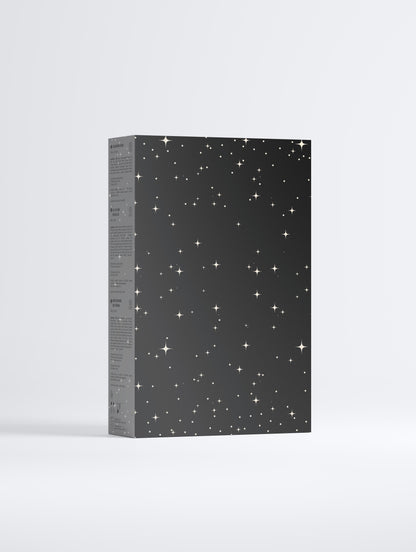 Black box with star patterns on a white background
