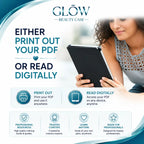 Promotional graphic for GLOW Beauty Case, showing a woman holding a tablet and text explaining that users can either print out their PDF or read it digitally. Six feature callouts are listed below, including professional resources, trusted content, learn anytime, and made for professionals.
