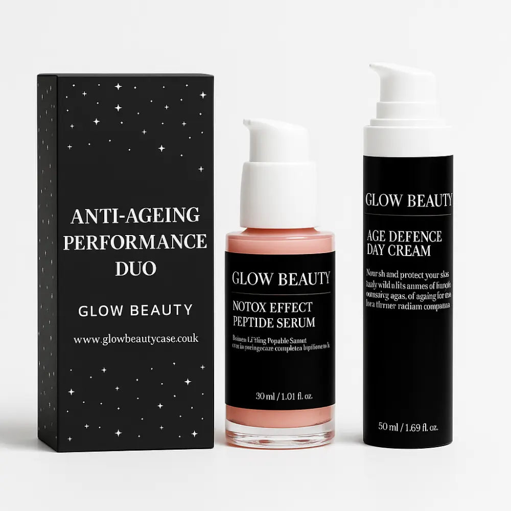 Glow Beauty anti-ageing performance duo with serum and day cream on a white background
