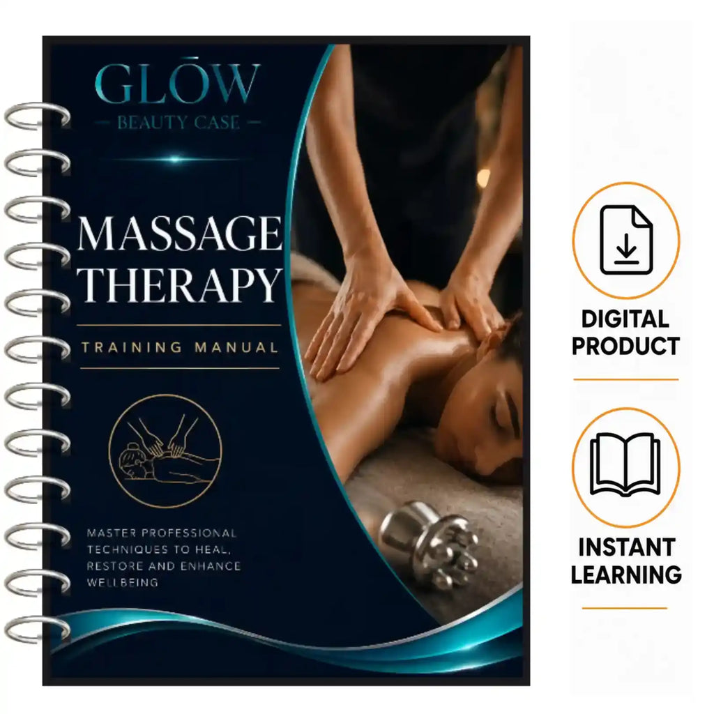 A spiral-bound booklet cover titled 'GLOW BEAUTY CASE Massage Therapy Training Manual' shown on a white background, alongside icons indicating 'Digital Product' and 'Instant Learning'. The cover features a dark navy design with teal accents and a photo of a massage session.