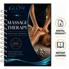 A spiral-bound booklet cover titled 'GLOW BEAUTY CASE Massage Therapy Training Manual' shown on a white background, alongside icons indicating 'Digital Product' and 'Instant Learning'. The cover features a dark navy design with teal accents and a photo of a massage session.