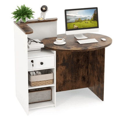 Reception Corner Desk For Beauty Salon In Brown & White