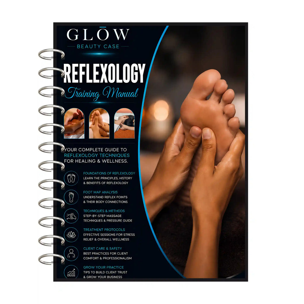A spiral-bound training manual titled 'GLOW Beauty Case Reflexology Training Manual' shown upright. The cover features a dark blue and black design with white text, small inset photos, and a large photo of a foot massage on the right side.