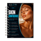 A spiral-bound booklet titled 'GLOW Beauty Case Skin Confidence Glow Better's Guide to Skincare' featuring a dark blue cover with white and teal text and a close-up photo of a woman with glowing skin on the right side.