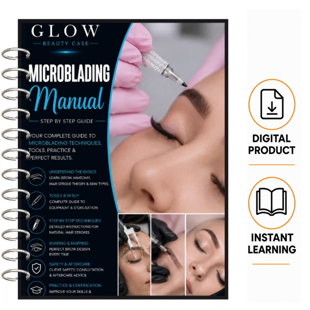 A spiral-bound 'Glow Beauty Case Microblading Manual' cover shown on a white background, alongside icons indicating it is a digital product and instant learning resource. The manual cover features a dark navy blue background with white and blue text, and a photo of a microblading procedure in progress.