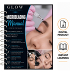 A spiral-bound 'Glow Beauty Case Microblading Manual' cover shown on a white background, alongside icons indicating it is a digital product and instant learning resource. The manual cover features a dark navy blue background with white and blue text, and a photo of a microblading procedure in progress.