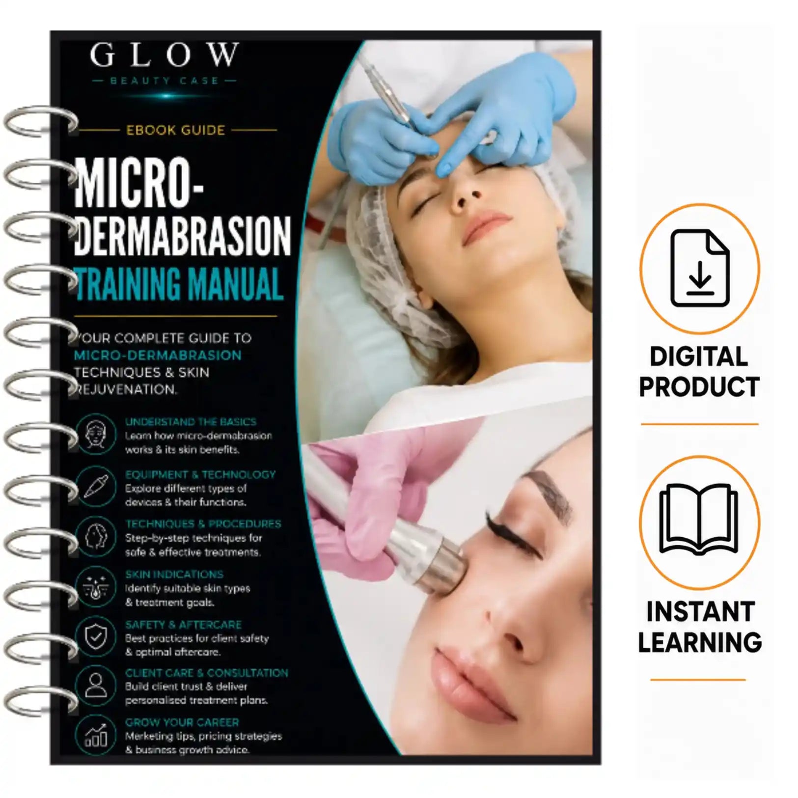 Glow Beauty Case 'Ebook Guide: Micro-Dermabrasion Training Manual' spiral-bound booklet shown on a white background, alongside icons indicating it is a digital product and instant learning resource.