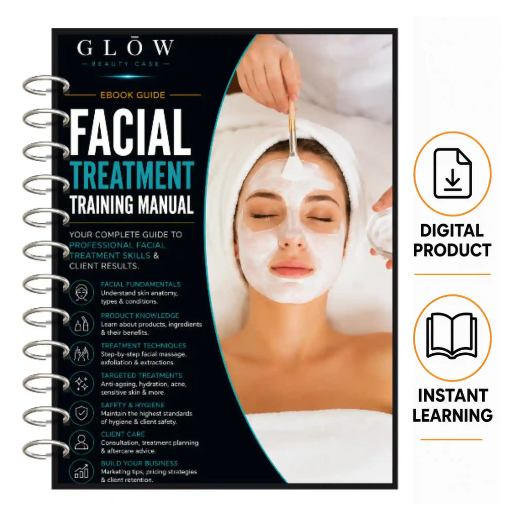 A spiral-bound ebook guide titled 'Glow Beauty Care Facial Treatment Training Manual' shown on a white background, alongside icons indicating it is a digital product for instant learning.