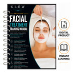 A spiral-bound ebook guide titled 'Glow Beauty Care Facial Treatment Training Manual' shown on a white background, alongside icons indicating it is a digital product for instant learning.