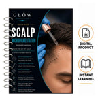 A spiral-bound ebook guide titled 'GLOW Beauty Club Scalp Micropigmentation Training Manual' shown on a white background, alongside two circular icons reading 'DIGITAL PRODUCT' and 'INSTANT LEARNING'. The manual cover features a dark blue and black design with a close-up photo of a person's scalp and gloved hand applying pigment.