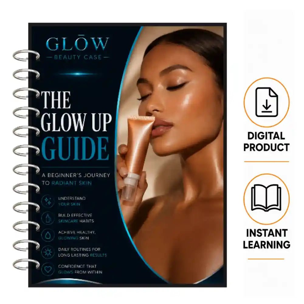 A spiral-bound booklet titled 'GLOW BEAUTY CASE - The Glow Up Guide' shown on a white background, alongside icons indicating it is a digital product and instant learning resource. The cover features a woman holding a cosmetic tube.