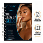 A spiral-bound booklet titled 'GLOW BEAUTY CASE - The Glow Up Guide' shown on a white background, alongside icons indicating it is a digital product and instant learning resource. The cover features a woman holding a cosmetic tube.