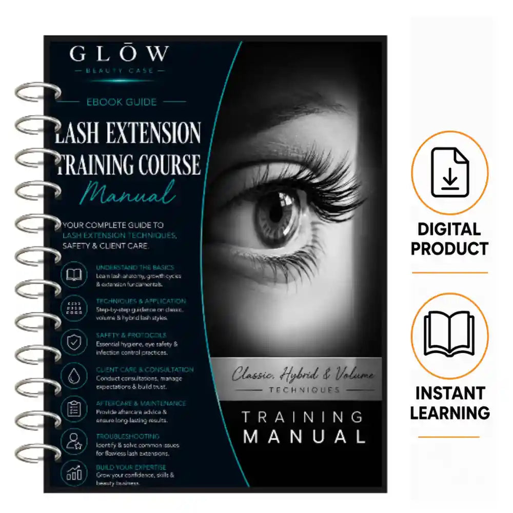 A spiral-bound ebook guide titled 'Lash Extension Training Course Manual' shown on a white background, alongside icons indicating it is a digital product, downloadable file, and instant learning resource.