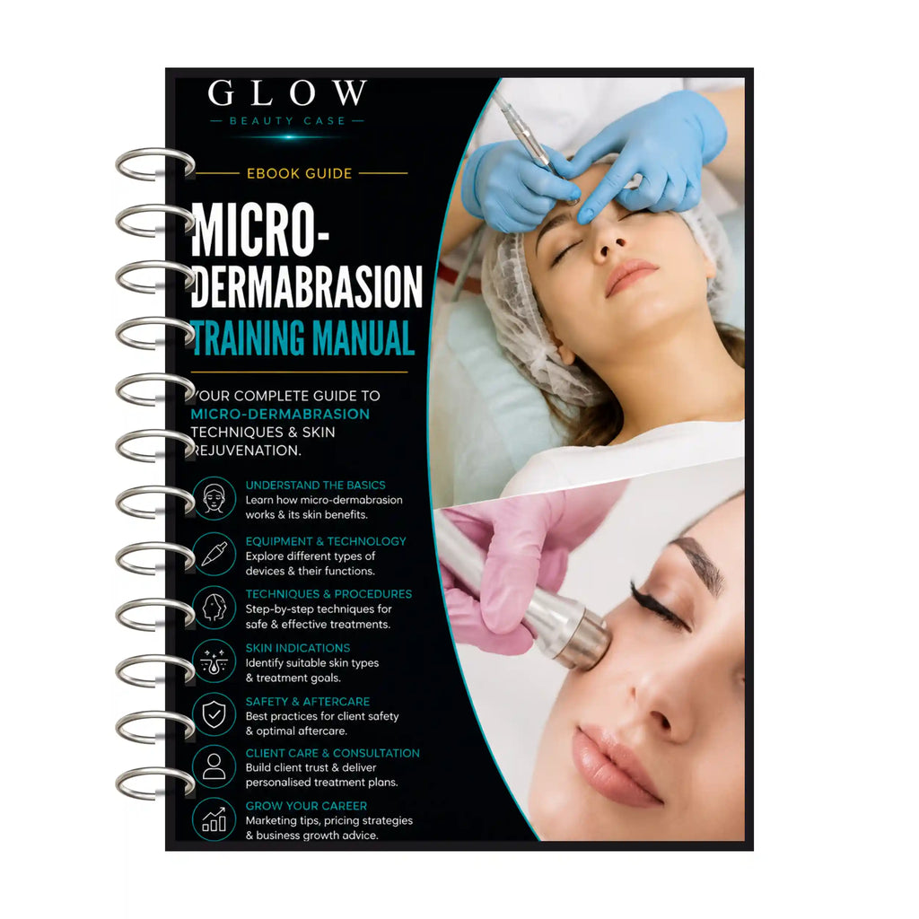 A spiral-bound training manual titled 'GLOW Beauty Case Micro-Dermabrasion Training Manual' shown against a white background. The cover features a black background with white and teal text, and two photos of a woman receiving facial micro-dermalization treatment with a blue gloved hand visible.