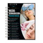 A spiral-bound training manual titled 'GLOW Beauty Case Micro-Dermabrasion Training Manual' shown against a white background. The cover features a black background with white and teal text, and two photos of a woman receiving facial micro-dermalization treatment with a blue gloved hand visible.
