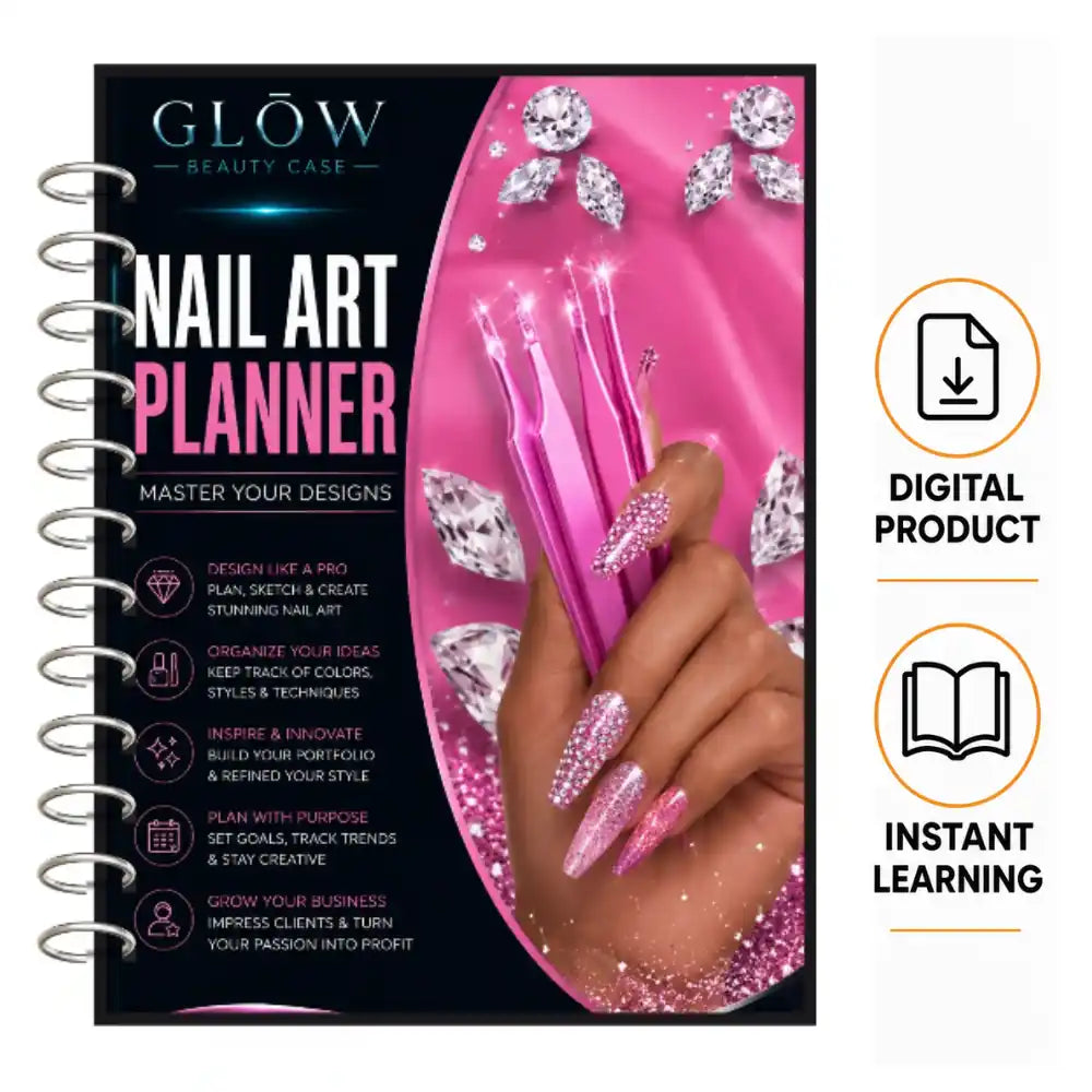 A spiral-bound nail art planner cover shown on a white background, with two circular callouts reading 'DIGITAL PRODUCT' and 'INSTANT LEARNING.' The cover features a bright pink nail art design with rhinestone graphics and the title 'NAIL ART PLANNER.