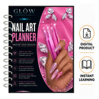 A spiral-bound nail art planner cover shown on a white background, with two circular callouts reading 'DIGITAL PRODUCT' and 'INSTANT LEARNING.' The cover features a bright pink nail art design with rhinestone graphics and the title 'NAIL ART PLANNER.