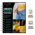 A spiral-bound ebook guide cover titled 'LEMON BOTTLE FAT DISSOLVE TRAINING MANUAL 2' by GLOW BEAUTY CARE, shown alongside icons labeled 'DIGITAL PRODUCT' and 'INSTANT LEARNING'. The cover includes a photo of a person's midsection with a measuring tape, bottles of oil, and lemon slices.