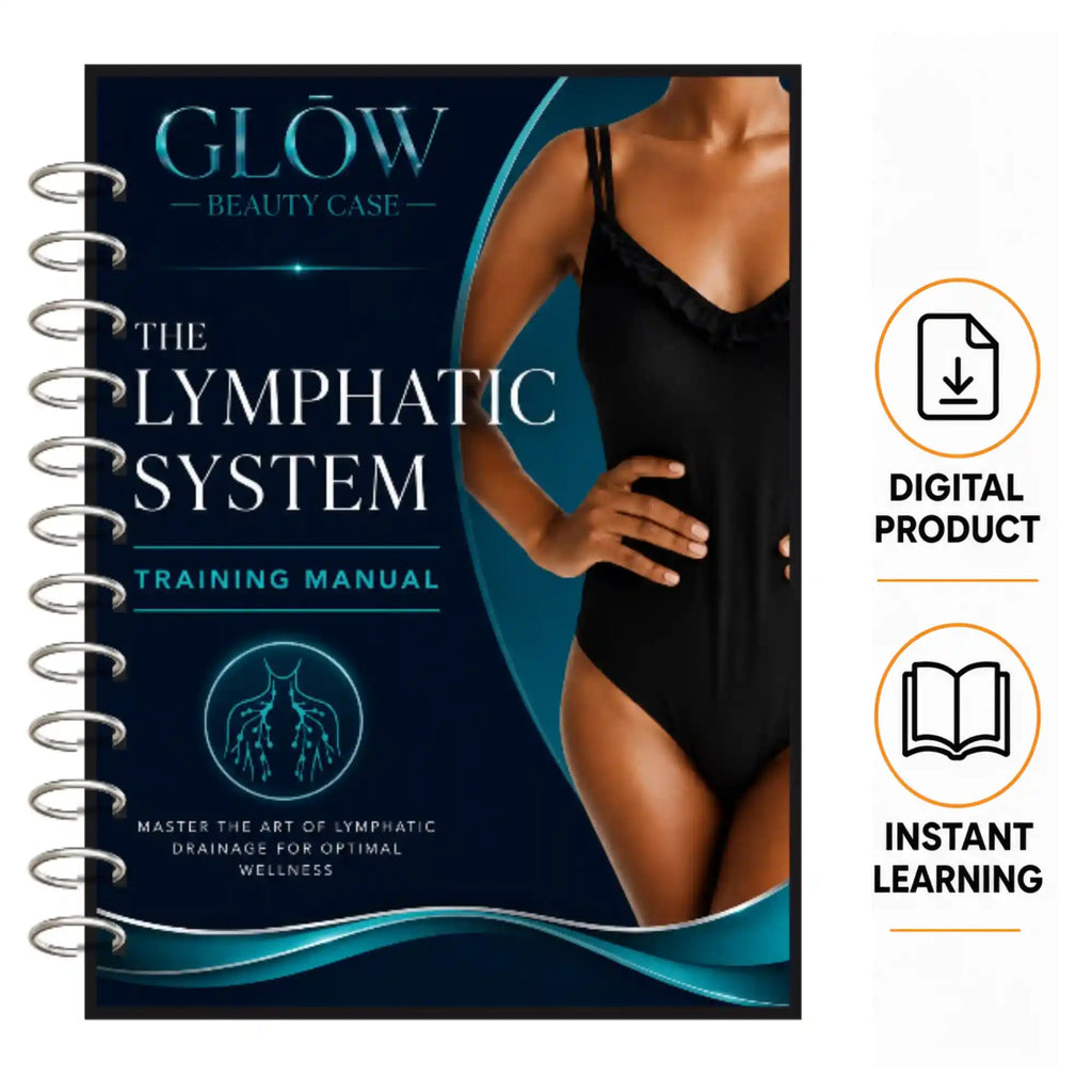 A spiral-bound booklet cover titled 'GLOW BEAUTY CASE The Lymphatic System Training Manual' shown on a white background, alongside icons reading 'Digital Product' and 'Instant Learning.' The cover features a dark navy and teal design with a partial photo of a woman in a black bodysuit.