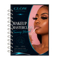 A spiral-bound book titled 'GLOW BEAUTY CASE - MAKEUP MASTERCLASS Training Manual' featuring a cover with a model applying lip color against a pink and dark blue background.