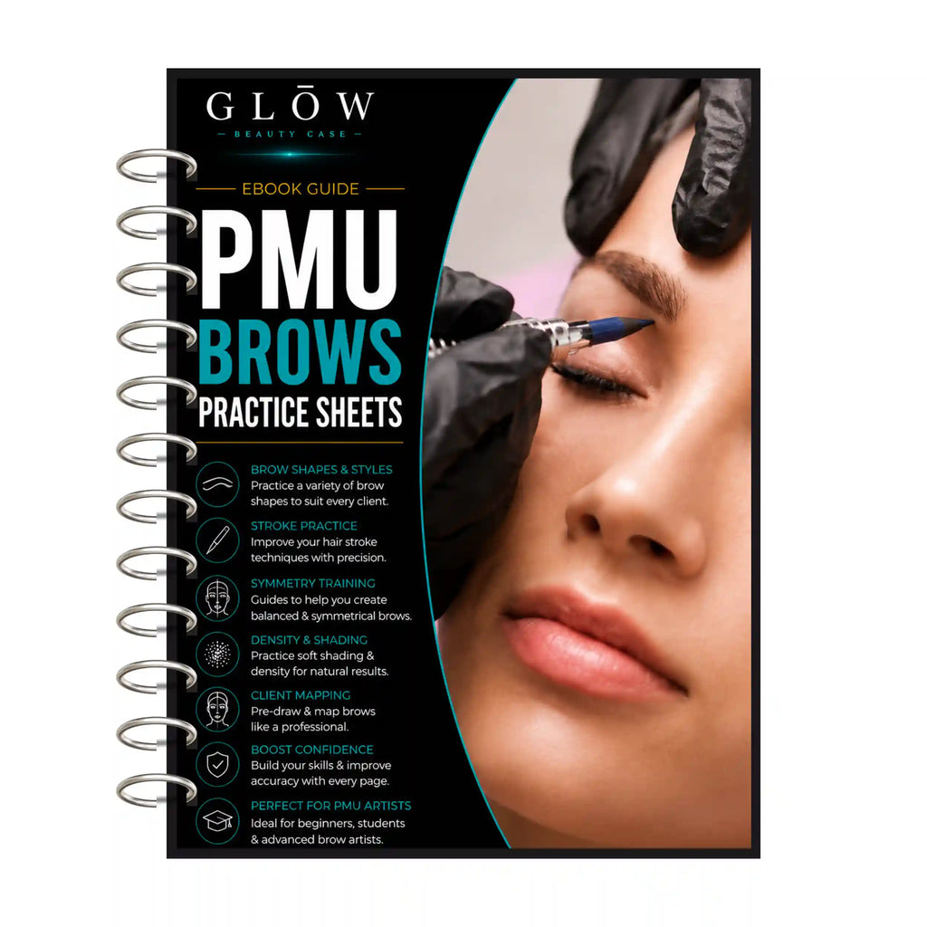 A spiral-bound ebook guide titled 'GLOW Beauty Care PMU Brows Practice Sheets' shown against a white background. The cover features a close-up photo of a person's face with eyebrows being filled in by a gloved hand.
