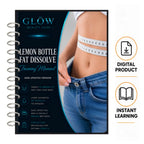 A spiral-bound training manual cover for 'Glow Beauty Case Lemon Bottle Fat Dissolve' shown on a white background, alongside icons indicating it is a digital product and instant learning.