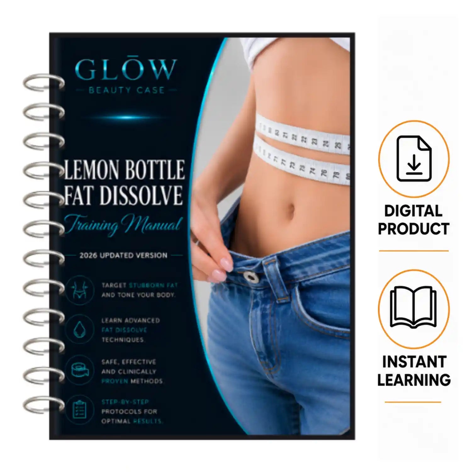 A spiral-bound training manual cover for 'Glow Beauty Case Lemon Bottle Fat Dissolve' shown on a white background, alongside icons indicating it is a digital product and instant learning.