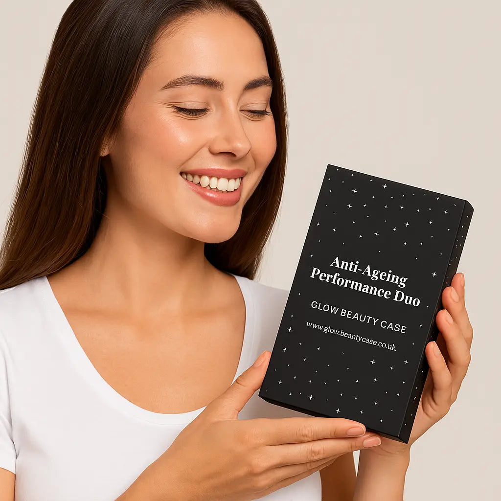 Woman holding a black beauty case labeled 'Anti-Ageing Performance Duo' by Glow Beauty Case.